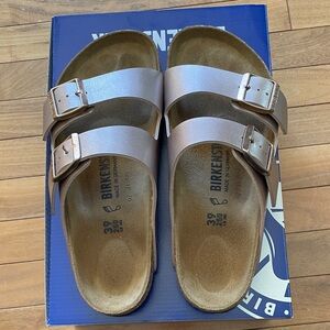 Birkenstock Two-Buckle Metallic Rose Sandals